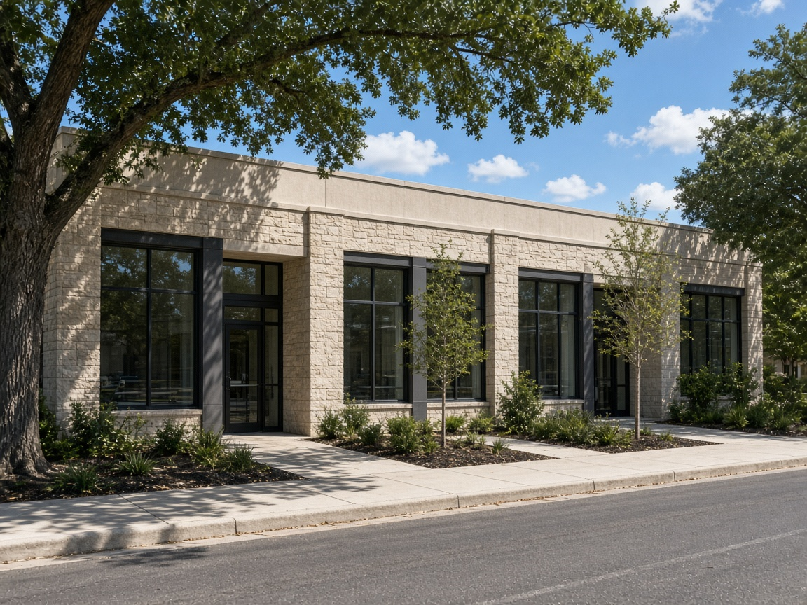 Daylight exterior of a low commercial building with stone walls and a sidewalk