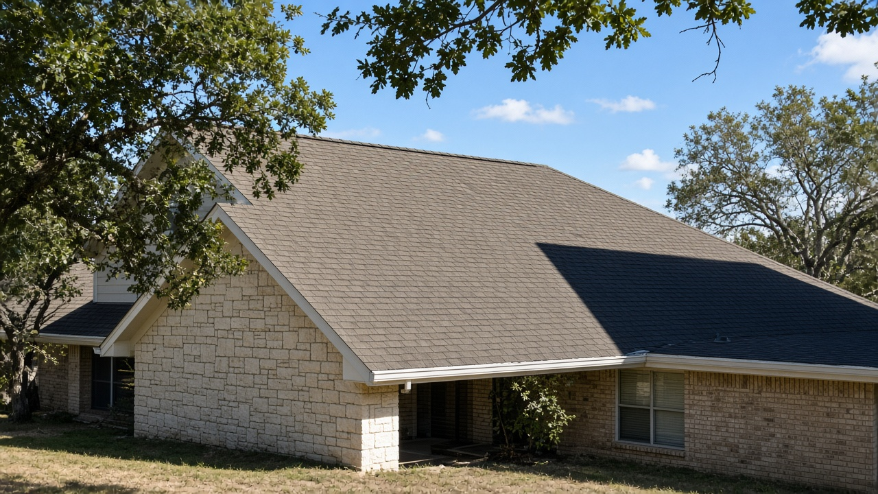 Central Texas stone house with a shingle roof in midday light